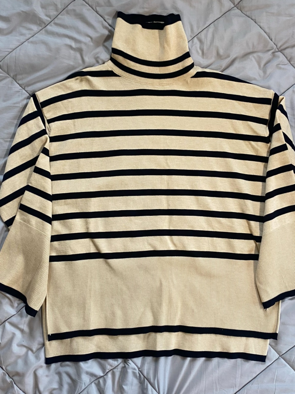 Striped Cream and Black Turtleneck Sweater
